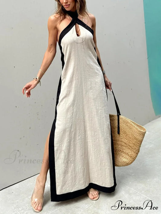 Color Block Halter Charming Neck Slit Maxi Dress Beige / S