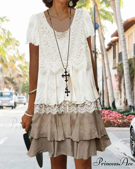 Color block lace dress with round neck White / S