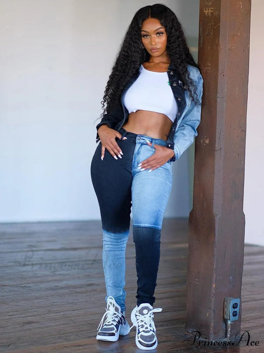 Color Block Shirt Trendy Collar Midi Dress Dark Blue/Light Blue / M