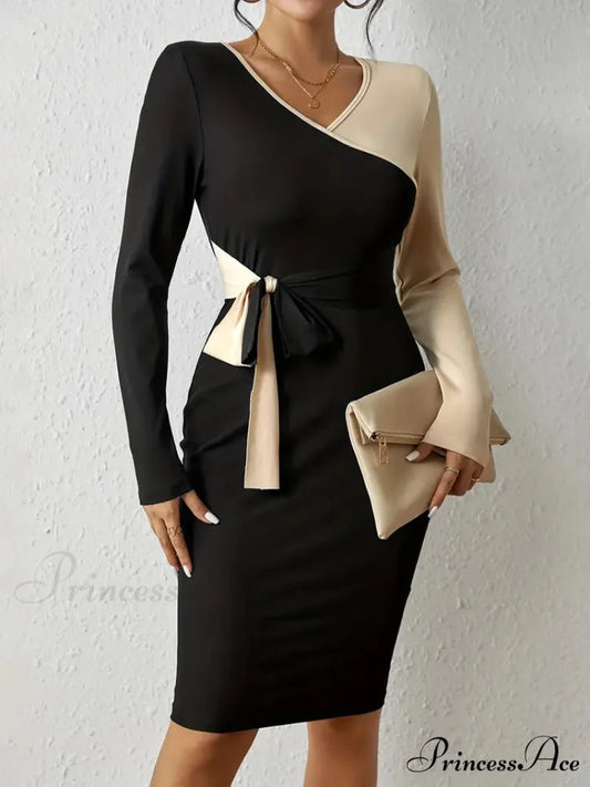Color Block V Neck Long Sleeve Dress with Knot Detail S / Black + Gray