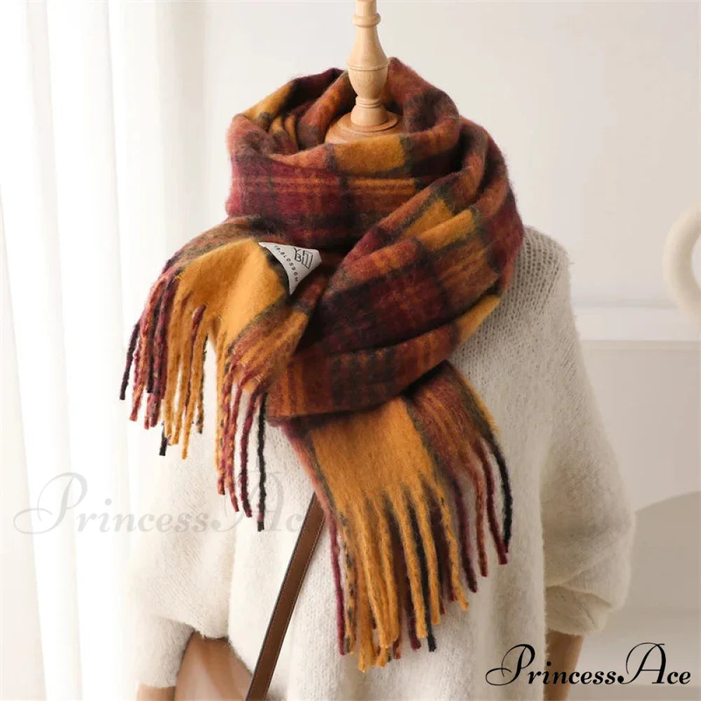 Color Blocked Grid Cashmere Pashmina Wrap Scarf GINGER