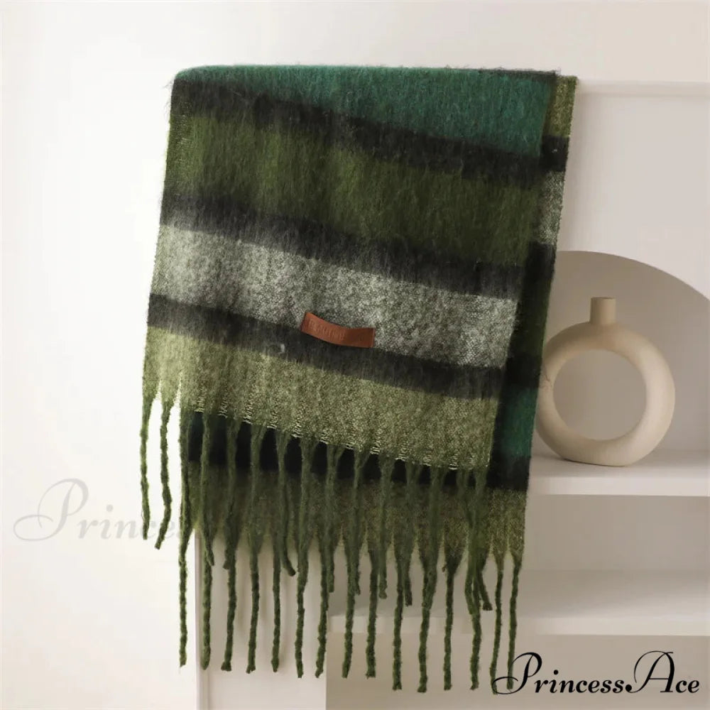 Color Blocked Stripe Cashmere Pashmina Scarf GREEN