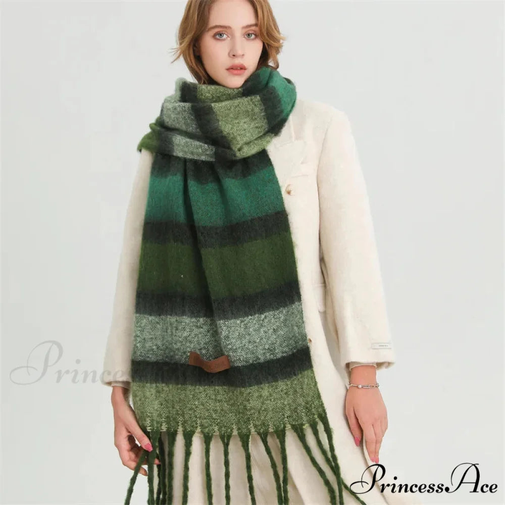 Color Blocked Stripe Cashmere Pashmina Scarf GREEN