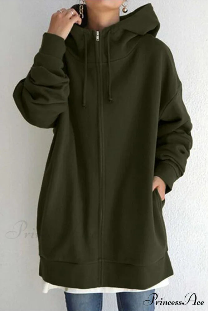 Color Hoodie Zipper Solid - Mid-length Army Green / S