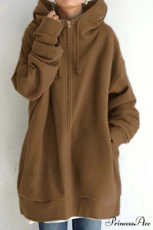 Color Hoodie Zipper Solid - Mid-length Coffee / S