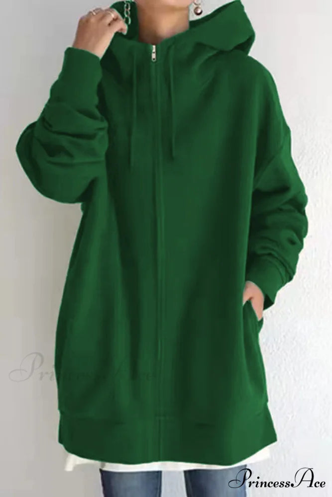 Color Hoodie Zipper Solid - Mid-length Green / S