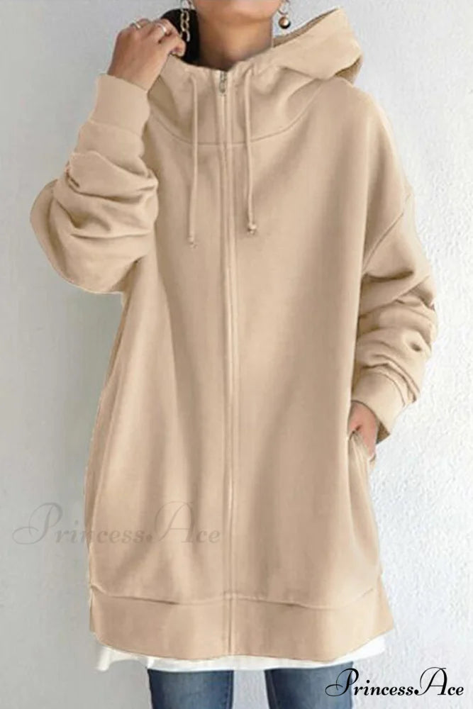 Color Hoodie Zipper Solid - Mid-length Khaki / S