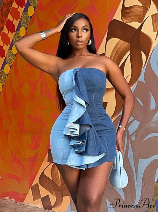 Color Patchwork Ruffles Sexy Mini Strapless Off Shoulder Party 2024 Spring Fall Y2K Clothes Bodycon Dress Blue / XS