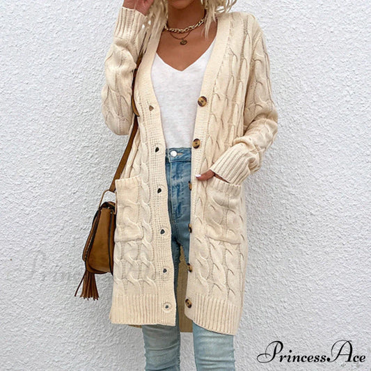 Color Solid Knitted Cardigan Beige / S