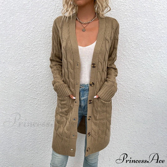 Color Solid Knitted Cardigan Khaki / S