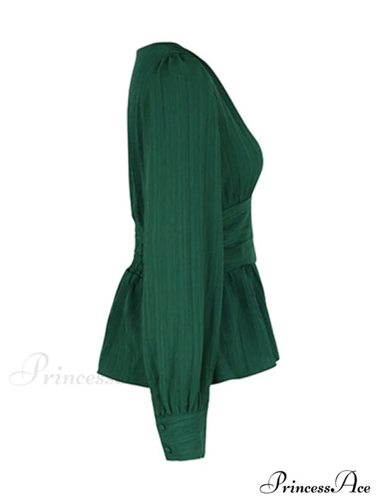 Color V-Neck Waist for Long-Sleeved Solid Blouse Women Green black jasper / S