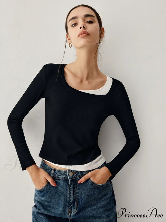 Colorblock Long Graceful Sleeve Crop Shirt Black / S