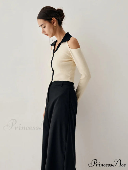 Colorblock Open Collar Cutout Modern Crop Long Sleeve Top Apricot / S