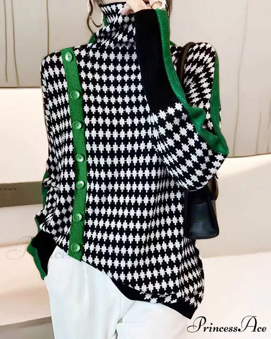 Colorblocked Neck High Pullover Black / S