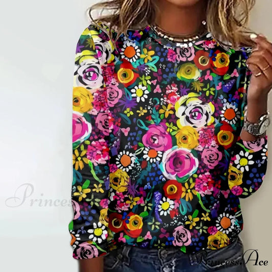 Colorful Design Flowered T-Shirt in Design Multicolor / S
