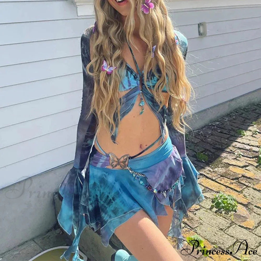 Colorful Dye Pattern Open Back Bandage Halter Two Piece Set twopieceset-250223