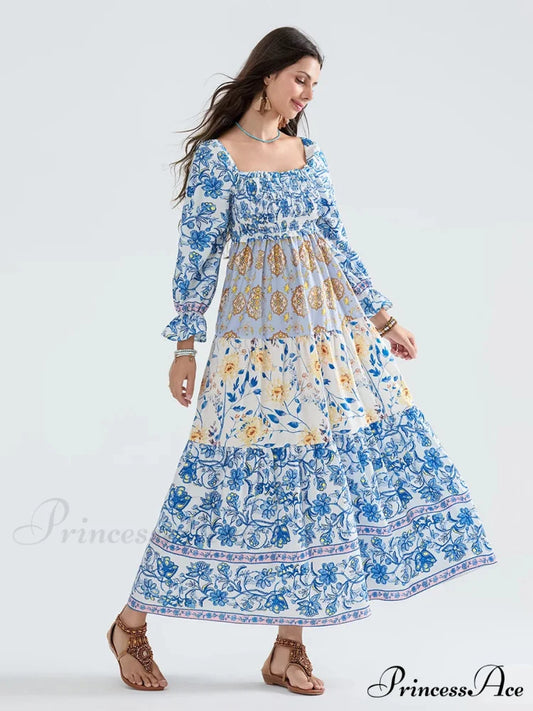 Colorful Floral Bohemian Off-Shoulder Puff Sleeve Frilly Vacation Beach Dress floraldress-250126