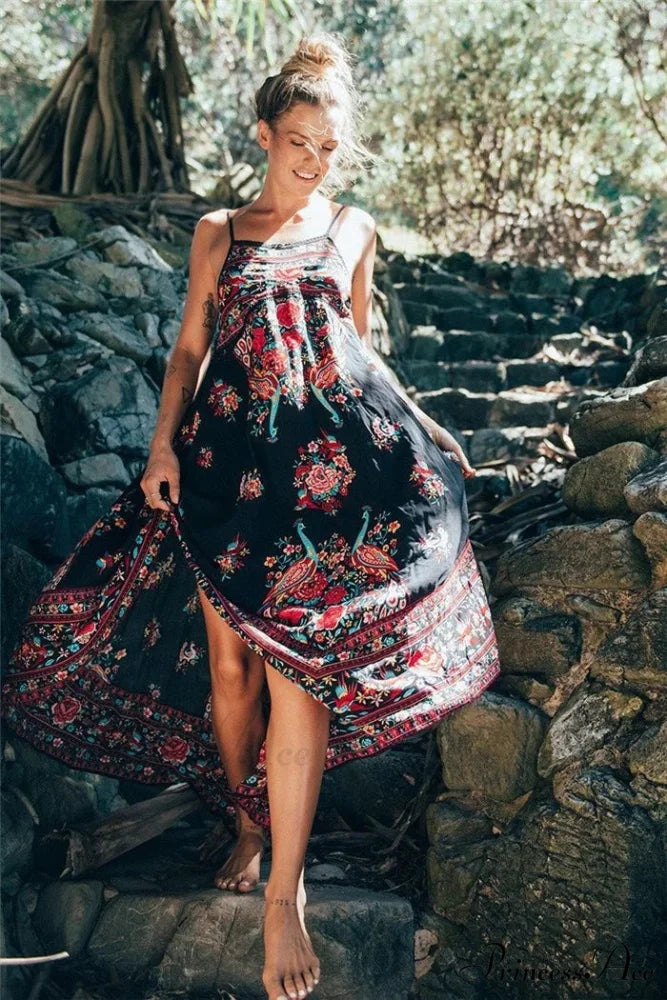 Colorful Flower Pattern Sleeveless Seaside Free-Spirited Maxi Boho Dress Black / S bohodress-250126