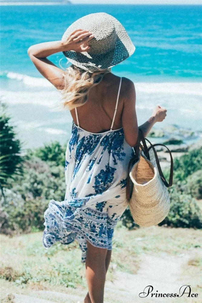 Colorful Flower Pattern Sleeveless Seaside Free-Spirited Maxi Boho Dress bohodress-250126
