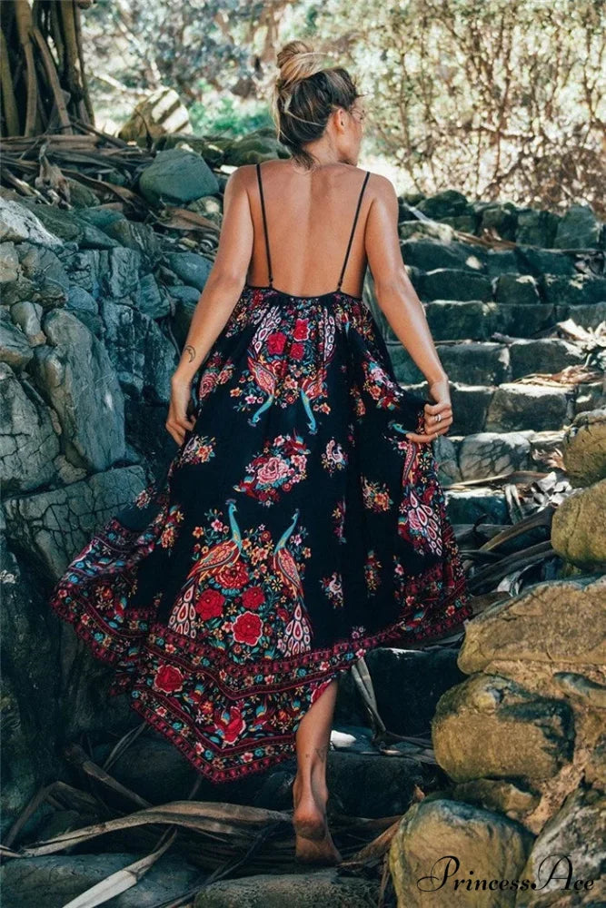 Colorful Flower Pattern Sleeveless Seaside Free-Spirited Maxi Boho Dress bohodress-250126