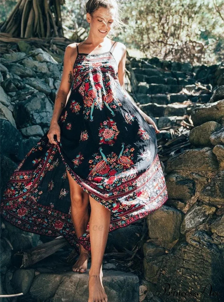 Colorful Flower Pattern Sleeveless Seaside Free-Spirited Maxi Boho Dress bohodress-250126