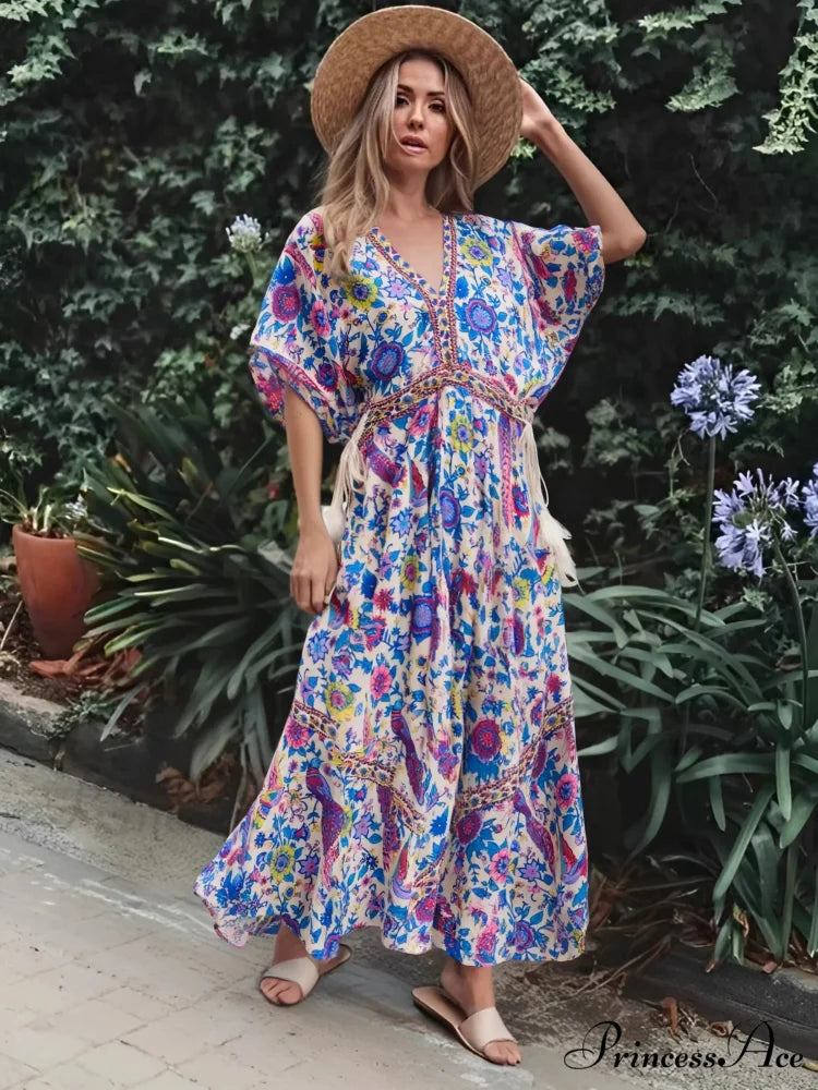Colorful Flower Pattern V-neck Fringe Rayon Holiday Bohemian Dress Beige / S bohodress-250126