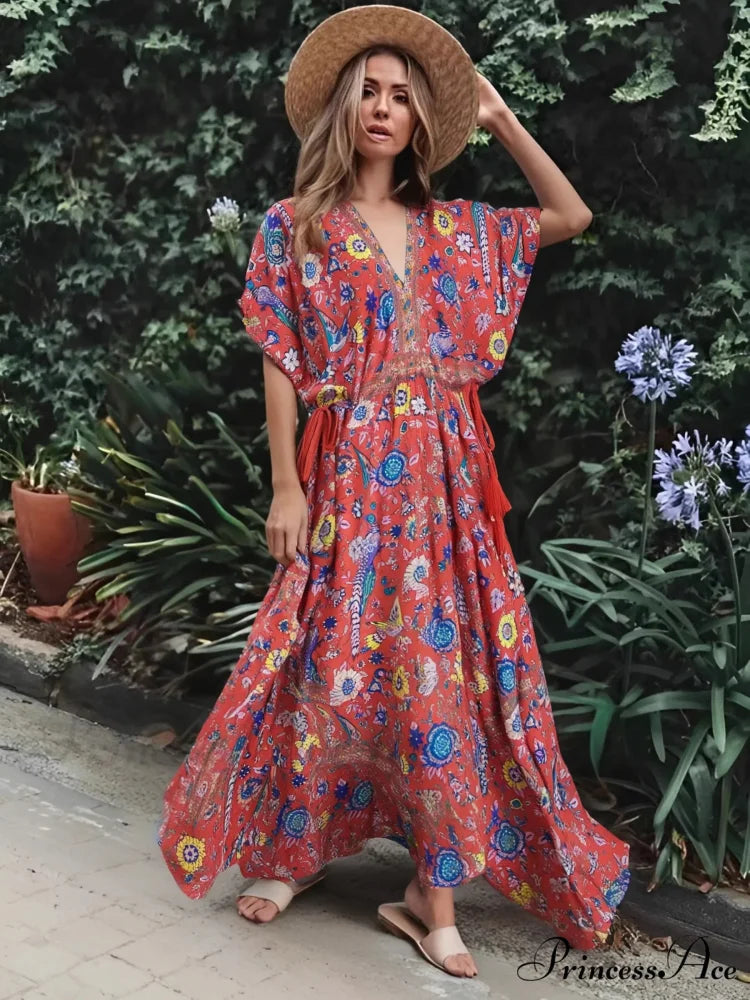 Colorful Flower Pattern V-neck Fringe Rayon Holiday Bohemian Dress Red / S bohodress-250126