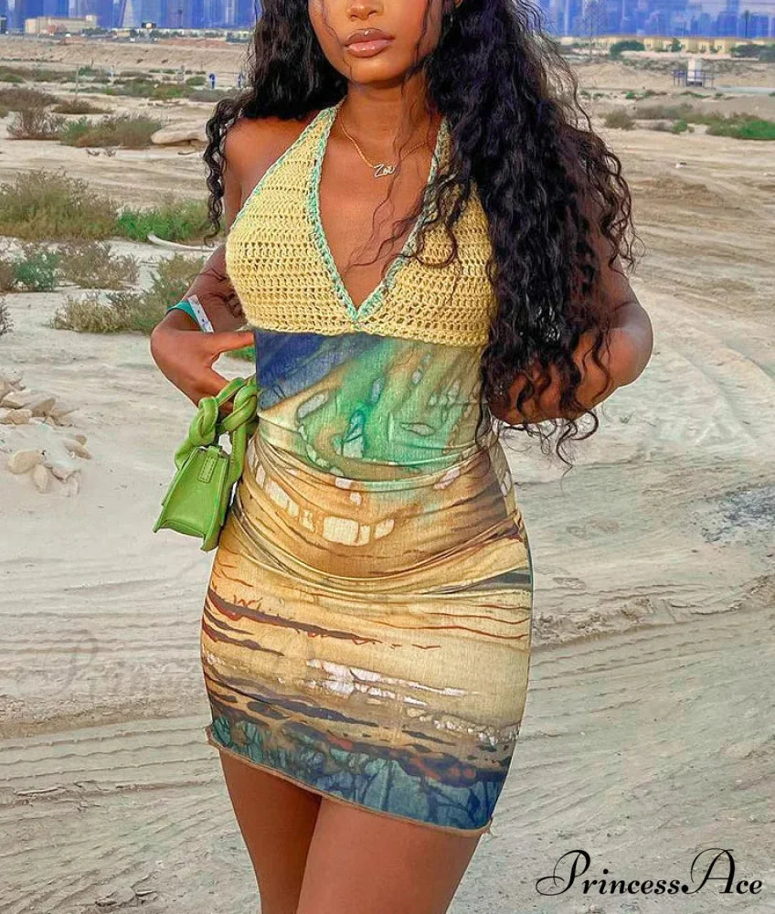 Colorful Lace-Up Halter Short Dress minidress-250223