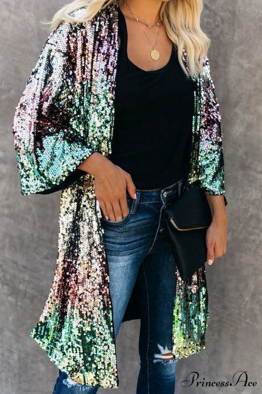 Colorful Mid-Length Stylish Sequin Cardigan
