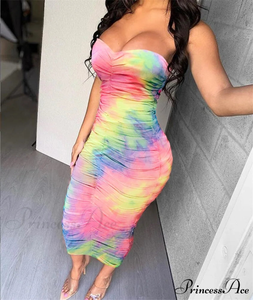 Colorful Pleated Long Sleeveless Strapless Dress