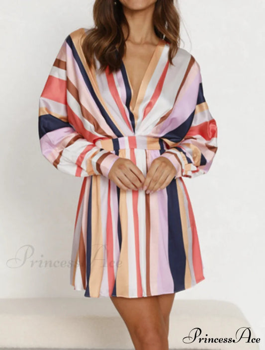 Colorful Striped Short Flare Mini Dress for Women