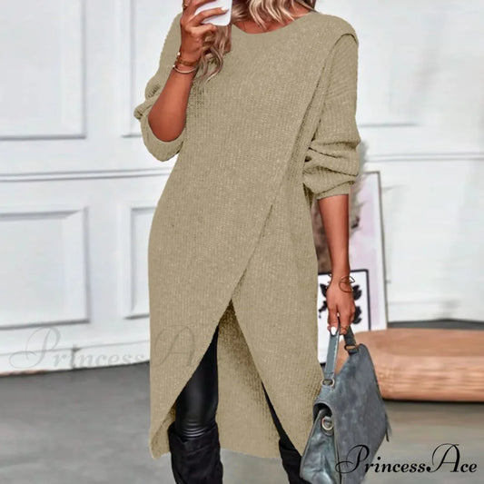 Commute Long Knit Coat Fashion Solid Midi Knitwear Warm Lady Vintage Harajuku Pullover Loose Slit Elegant Midi Dress