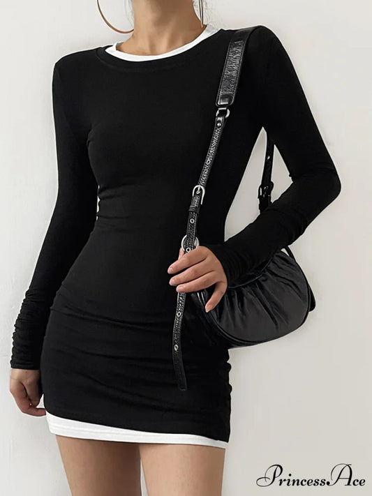 Contrast Binding Bodycon Long Modern Sleeve Knit Mini Dress Black / XS