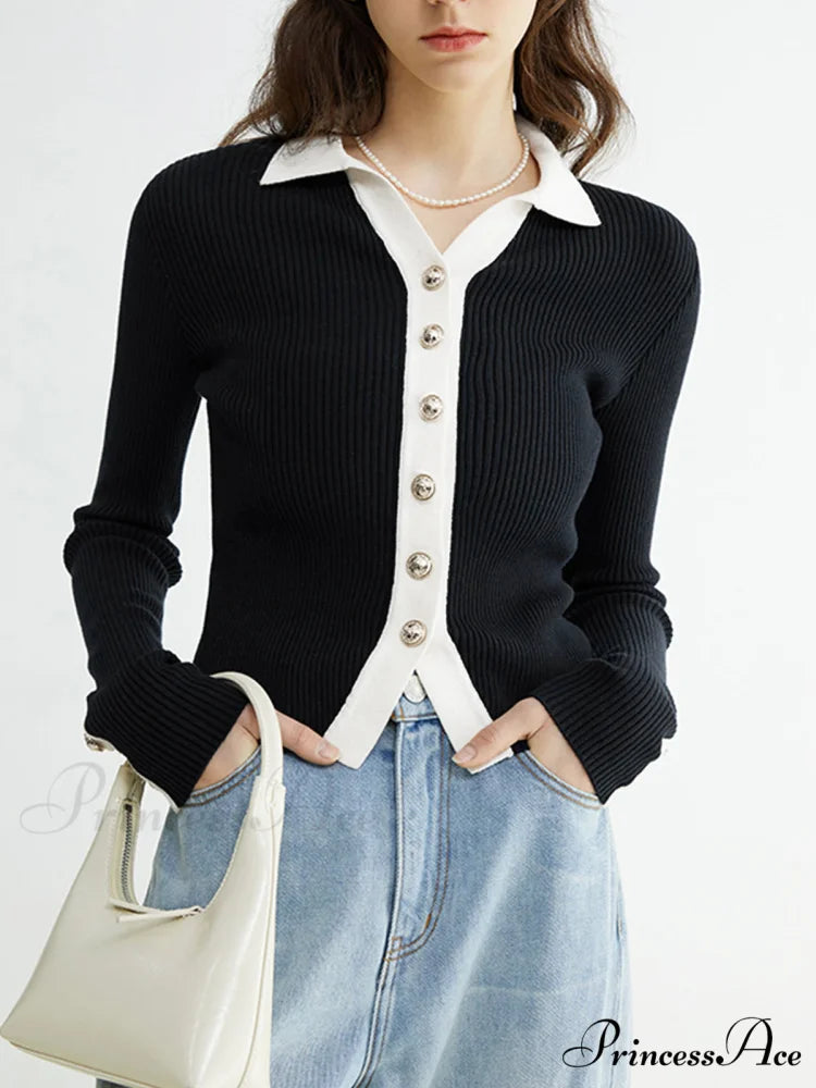 Contrast Charming Elegant Cardigan Black / XS