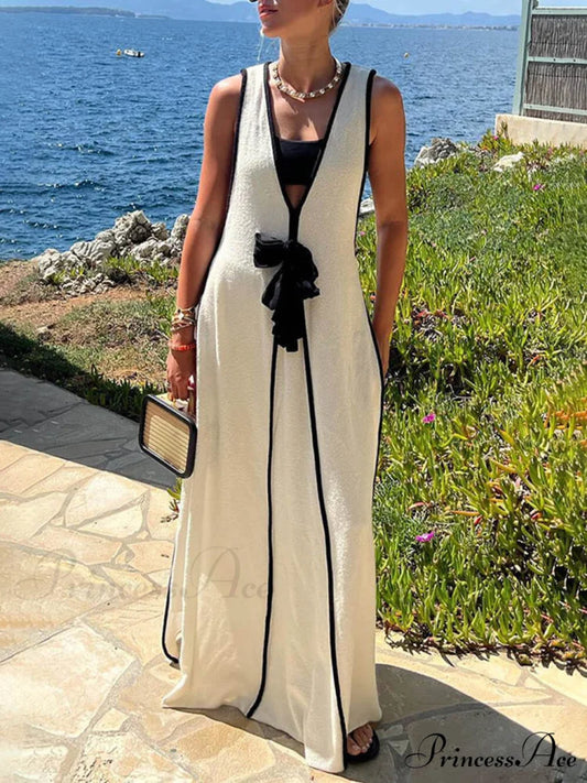 Contrast Color Self-Tie Charming Flowy Oversized Maxi Dress White / S