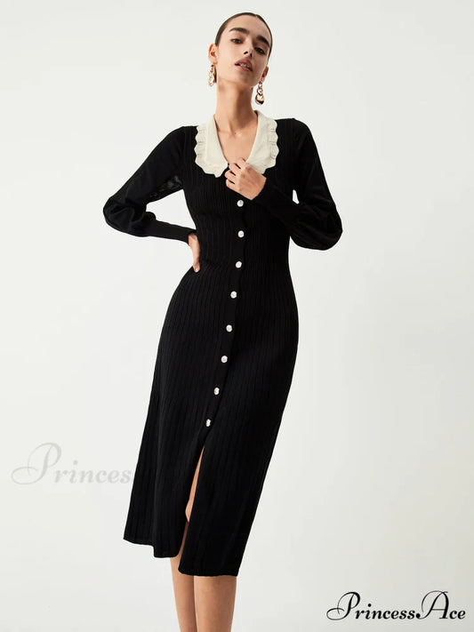Contrast Eyelet Collar Long Modern Sleeve Midi Sweater Dress Black / XS