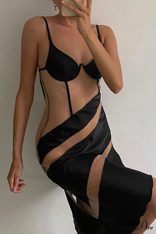 Contrast Mesh Irregular Cami Dress Black / S