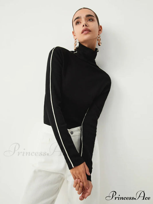 Contrast Piping Turtleneck Trendy Long Sleeve Top Black / XS