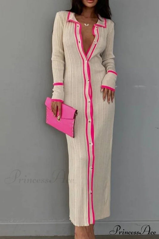 Contrast Ribbed Dress with Lapel Rose / L