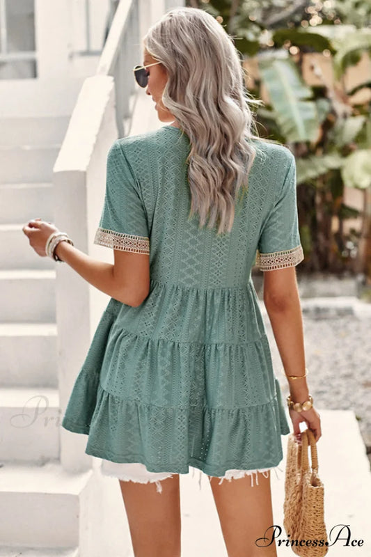 Contrast Short Stylish Sleeve Tiered Blouse