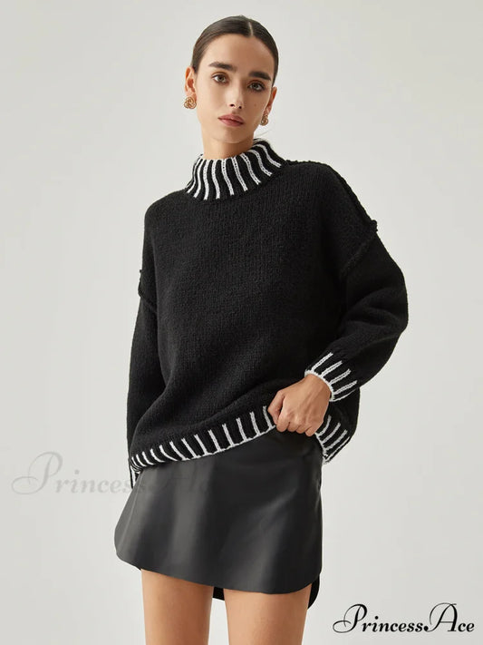 Contrast Stitch Graceful Mock Neck Sweater Black / S