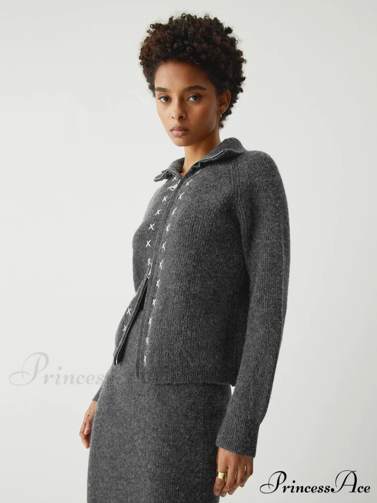 Contrast Stitches Two Way Zip Classic Long Sleeve Two Piece Skirt Set