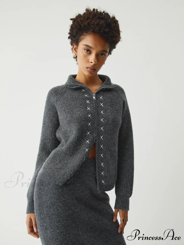 Contrast Stitches Two Way Zip Classic Long Sleeve Two Piece Skirt Set