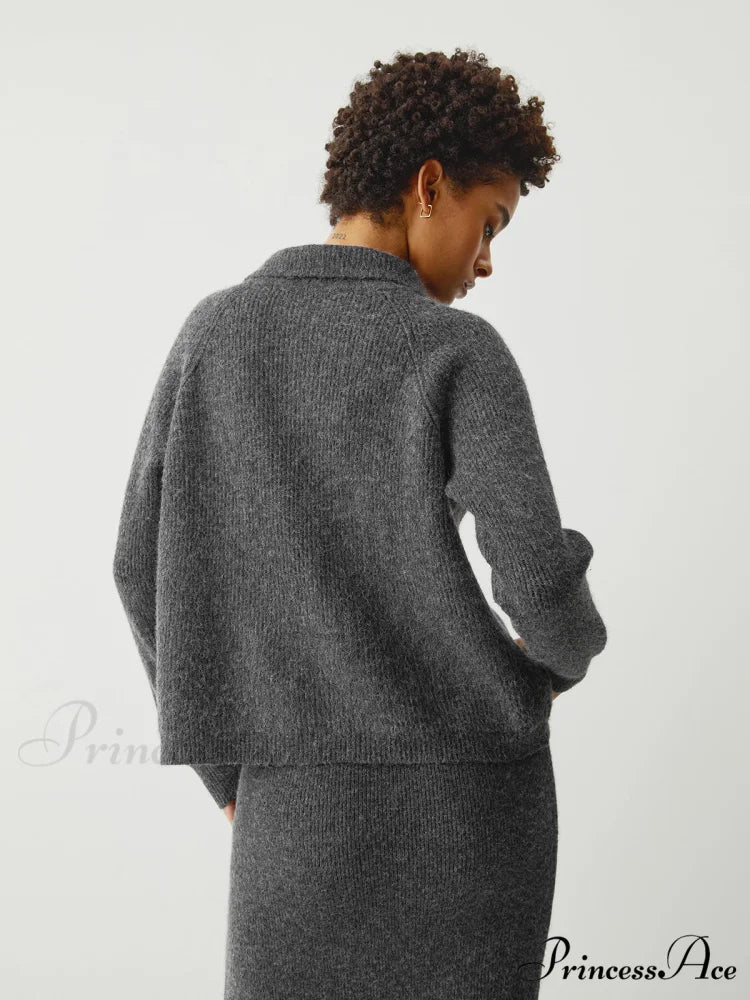 Contrast Stitches Two Way Zip Classic Long Sleeve Two Piece Skirt Set