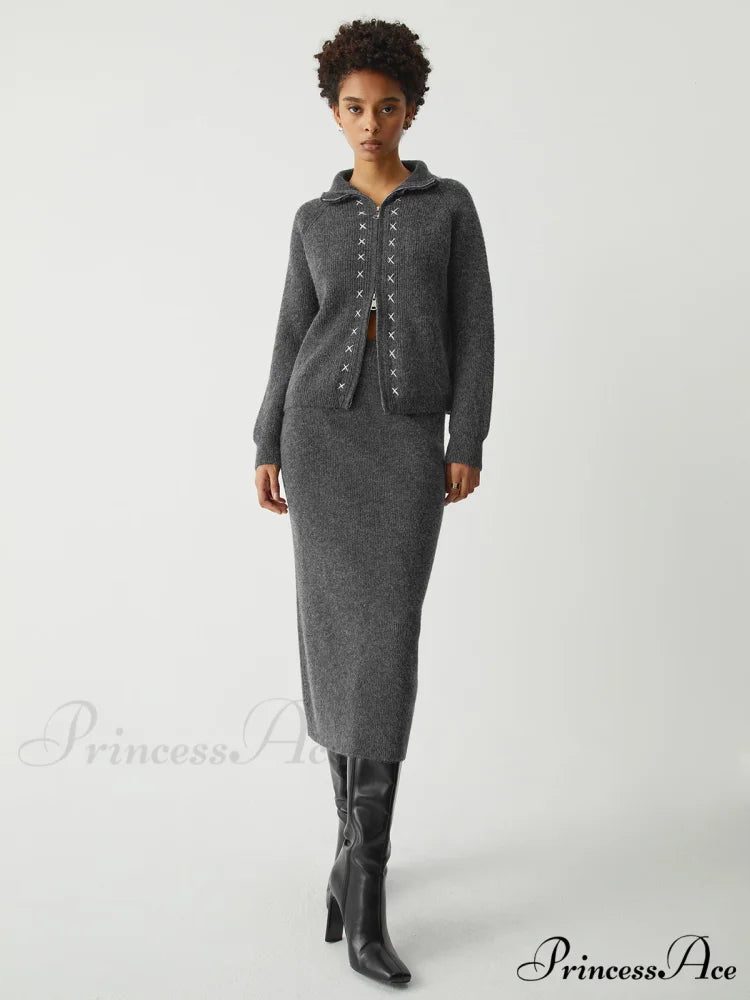 Contrast Stitches Two Way Zip Classic Long Sleeve Two Piece Skirt Set