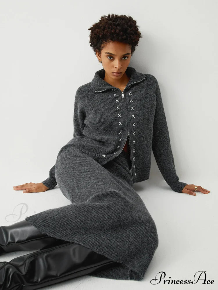 Contrast Stitches Two Way Zip Classic Long Sleeve Two Piece Skirt Set Grey / S