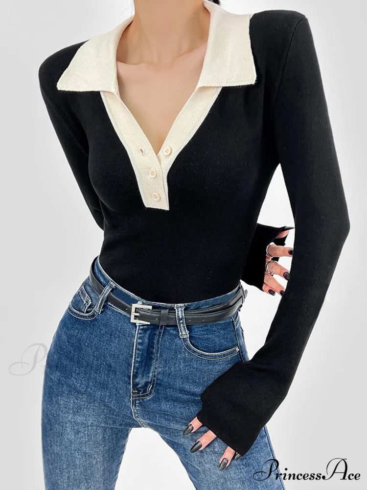 Contrast Trim Button Trendy Up Ribbed Shirt Black / XS