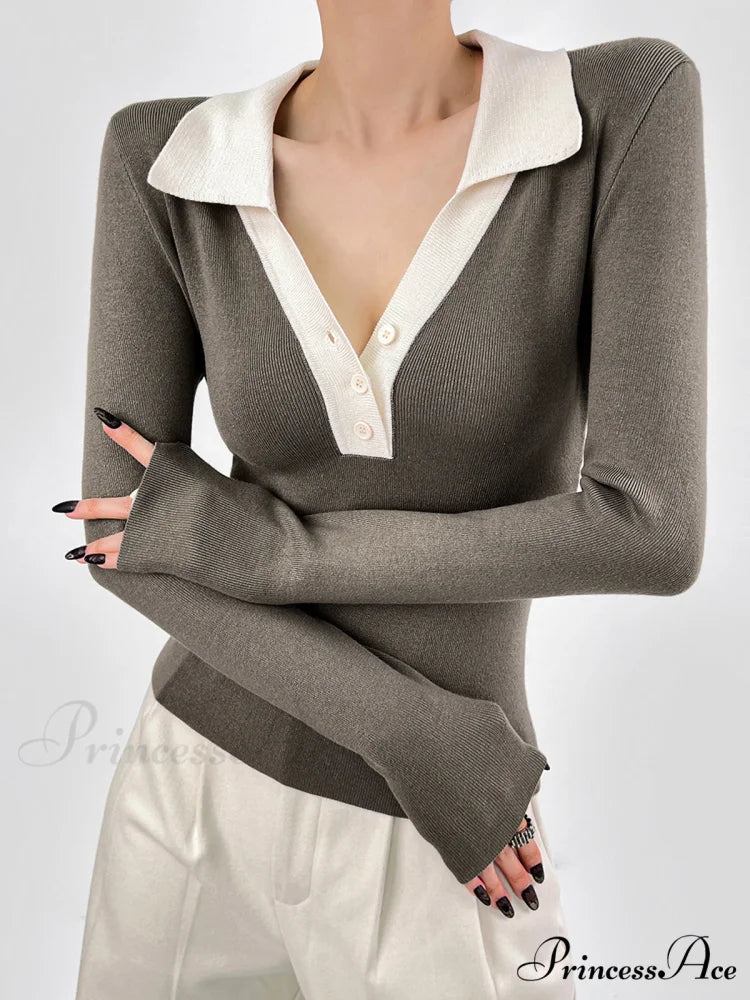 Contrast Trim Button Trendy Up Ribbed Shirt Khaki / XS
