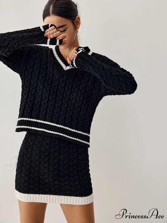 Contrast Trim Cable Knit Modern Sweater With Matching Skirt Black / XS
