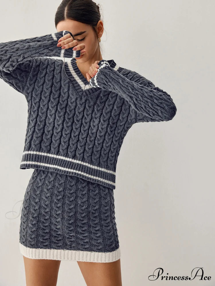 Contrast Trim Cable Knit Modern Sweater With Matching Skirt Grey / XS